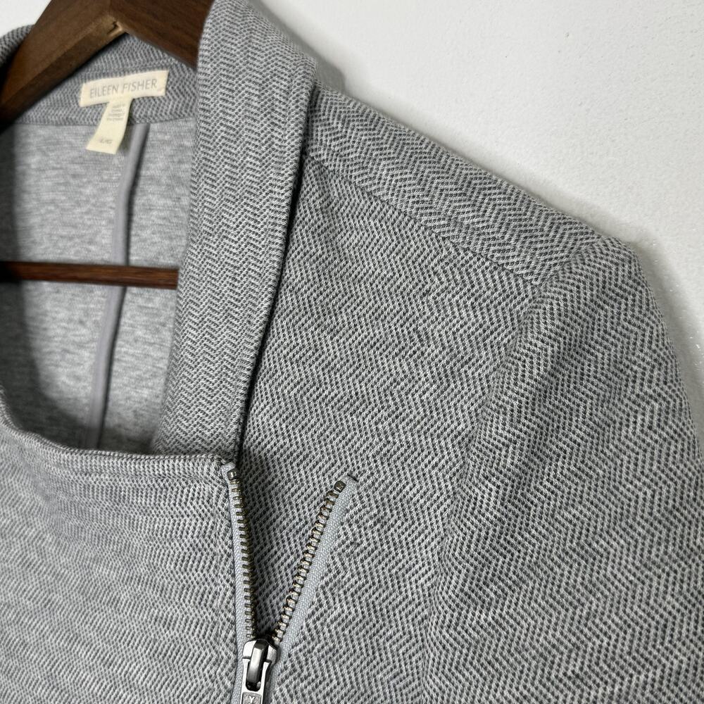 Eileen Fisher Herringbone Moto Jacket Large Gray Organic Cotton Knit Zip Womens